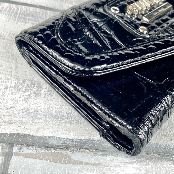 Guess Black Faux Leather Croc Embossed Long Wallet Card Holder Billfold Clutch - Picture 10 of 16